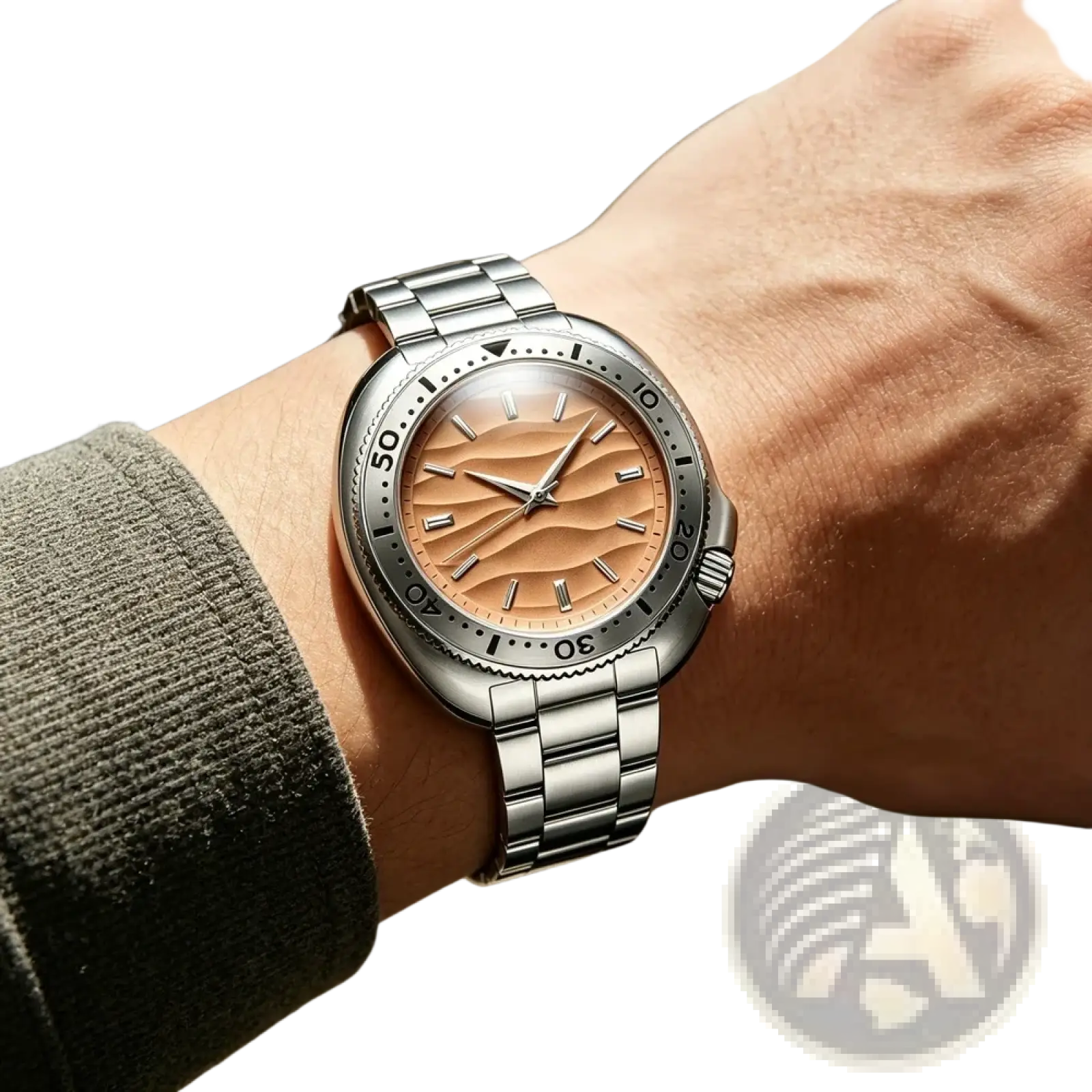 Qingxiya men quartz stainless steel dive watch with sleek silver tone and peach wave textured dial on wrist