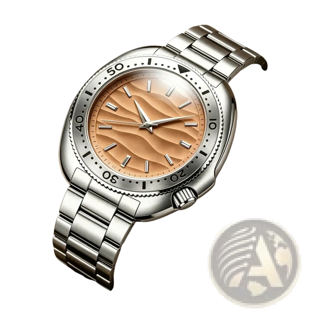 Qingxiya men quartz stainless steel watch with sleek silver tone and distinctive wavy peach dial and minimalist markers