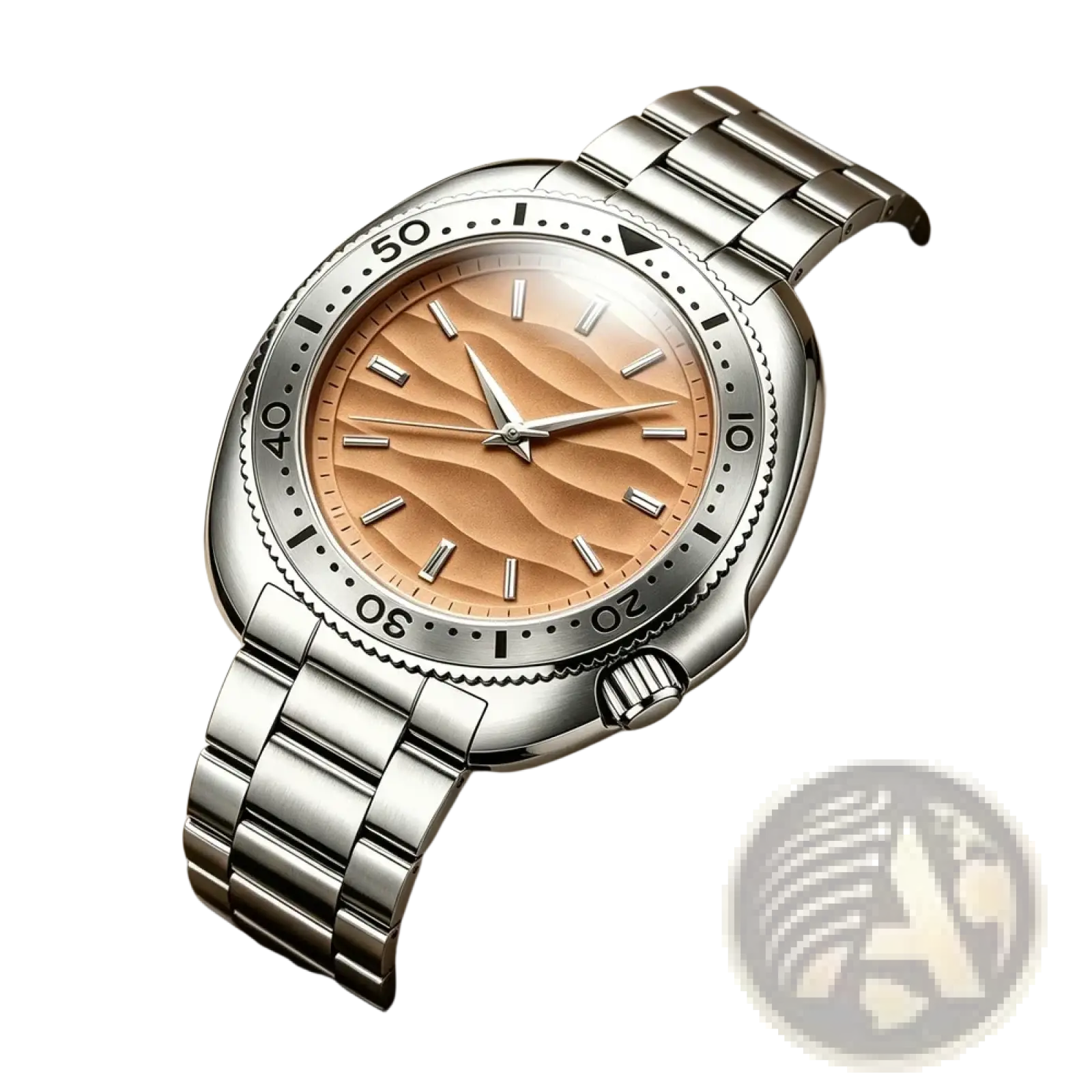 Qingxiya men quartz stainless steel watch with sleek silver tone and distinctive wavy peach dial and minimalist markers