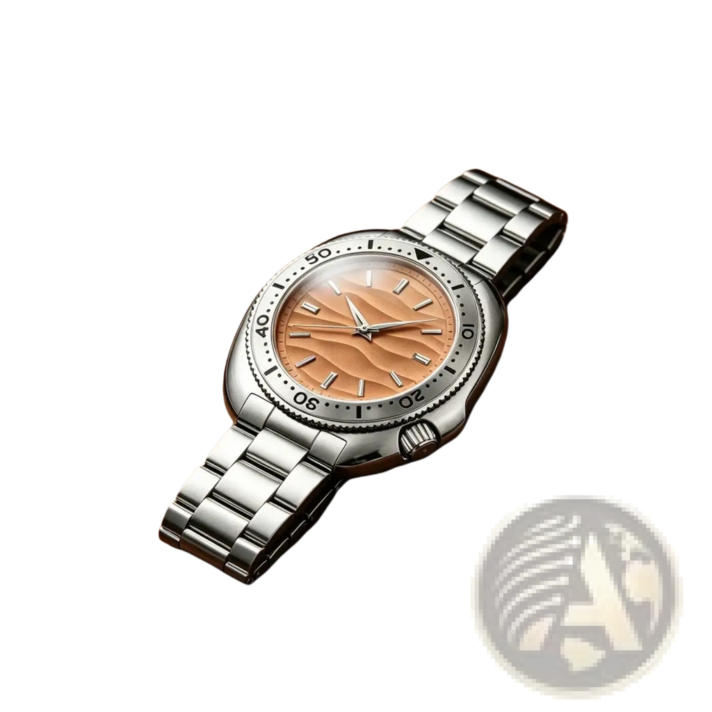 Qingxiya men quartz stainless steel watch with a silver-tone case and textured peach dial on a wooden surface