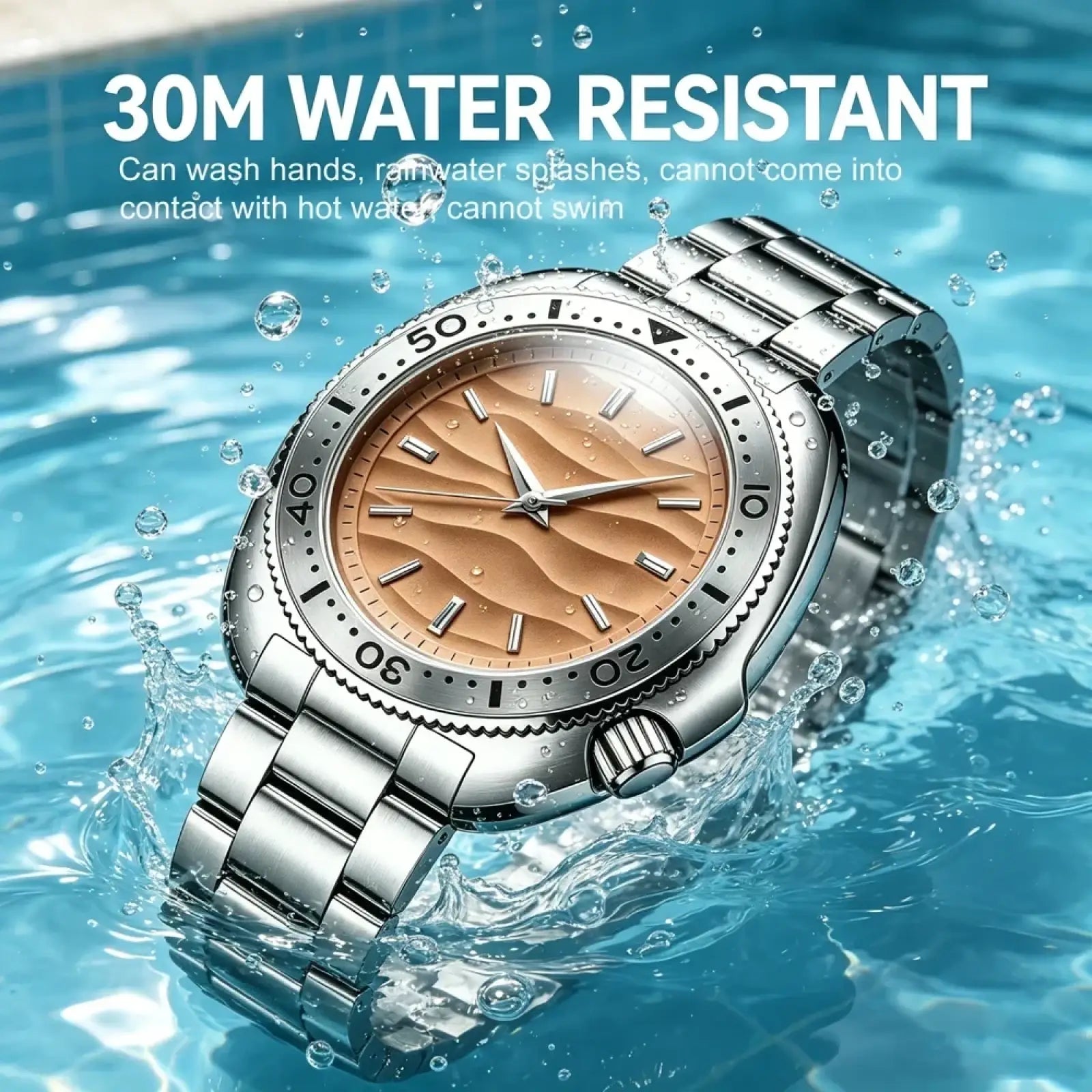 Qingxiya men quartz stainless steel watch with sleek silver tone, textured bronze dial, and wave-patterned face