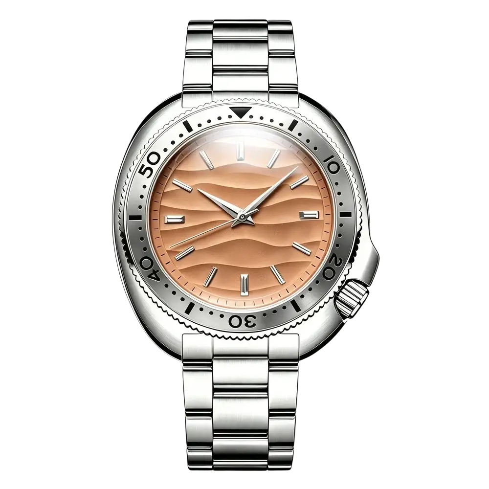 Qingxiya men quartz stainless steel watch with silver-toned case and bracelet and peach wavy textured dial