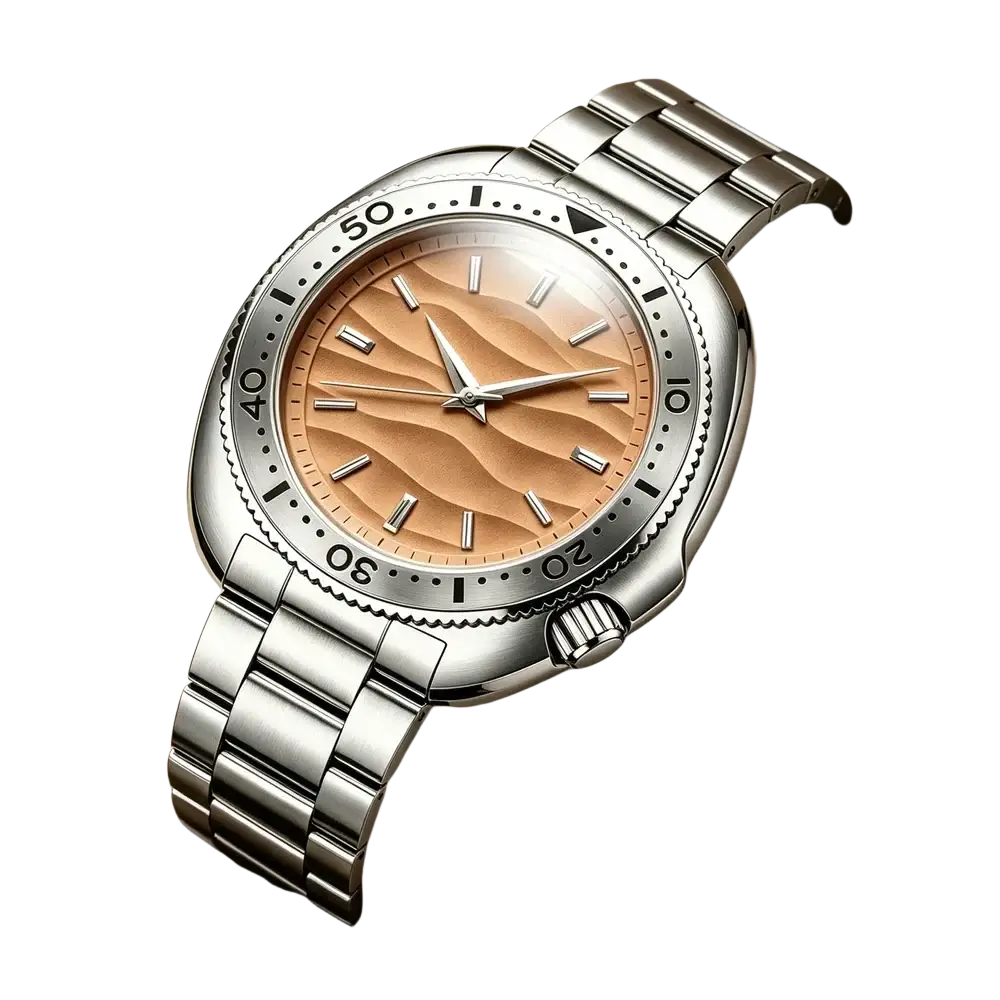 Qingxiya men quartz stainless steel watch with sleek silver tone and distinctive wavy peach dial and minimalist markers