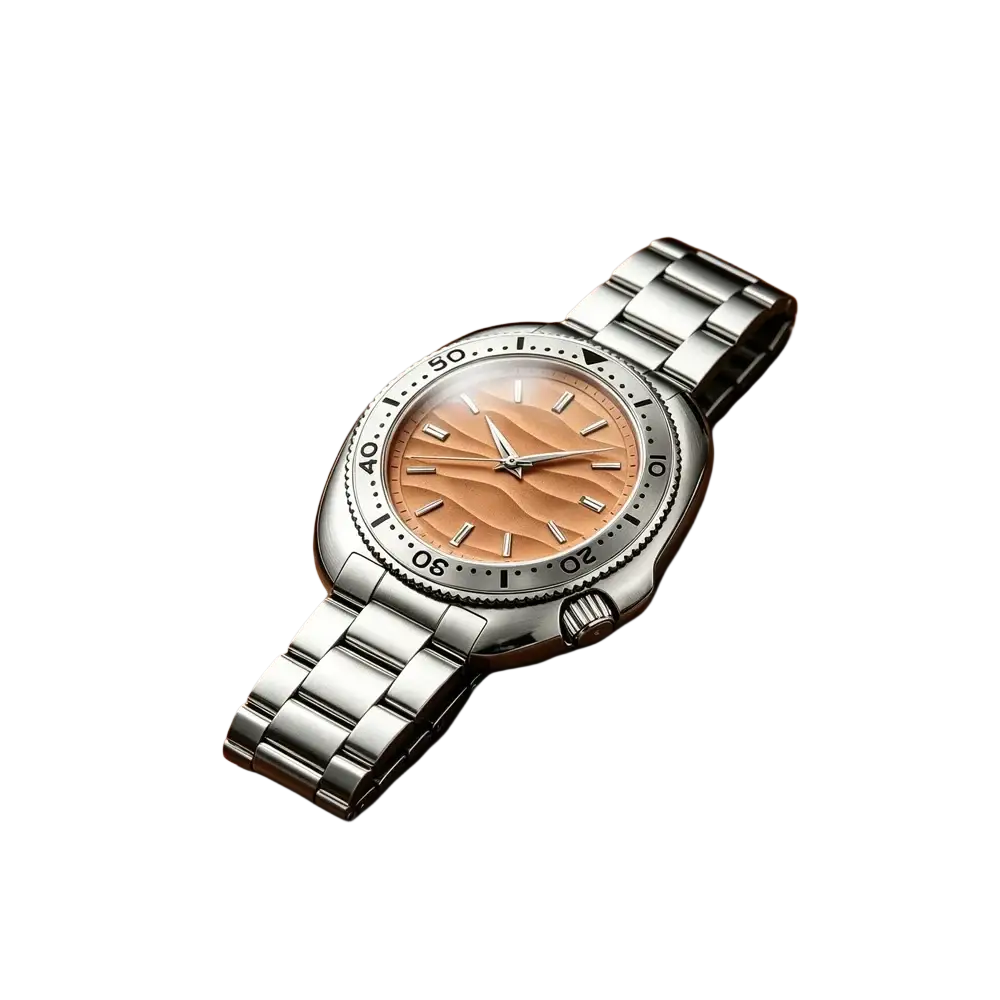 Qingxiya men quartz stainless steel watch with a silver-tone case and textured peach dial on a wooden surface