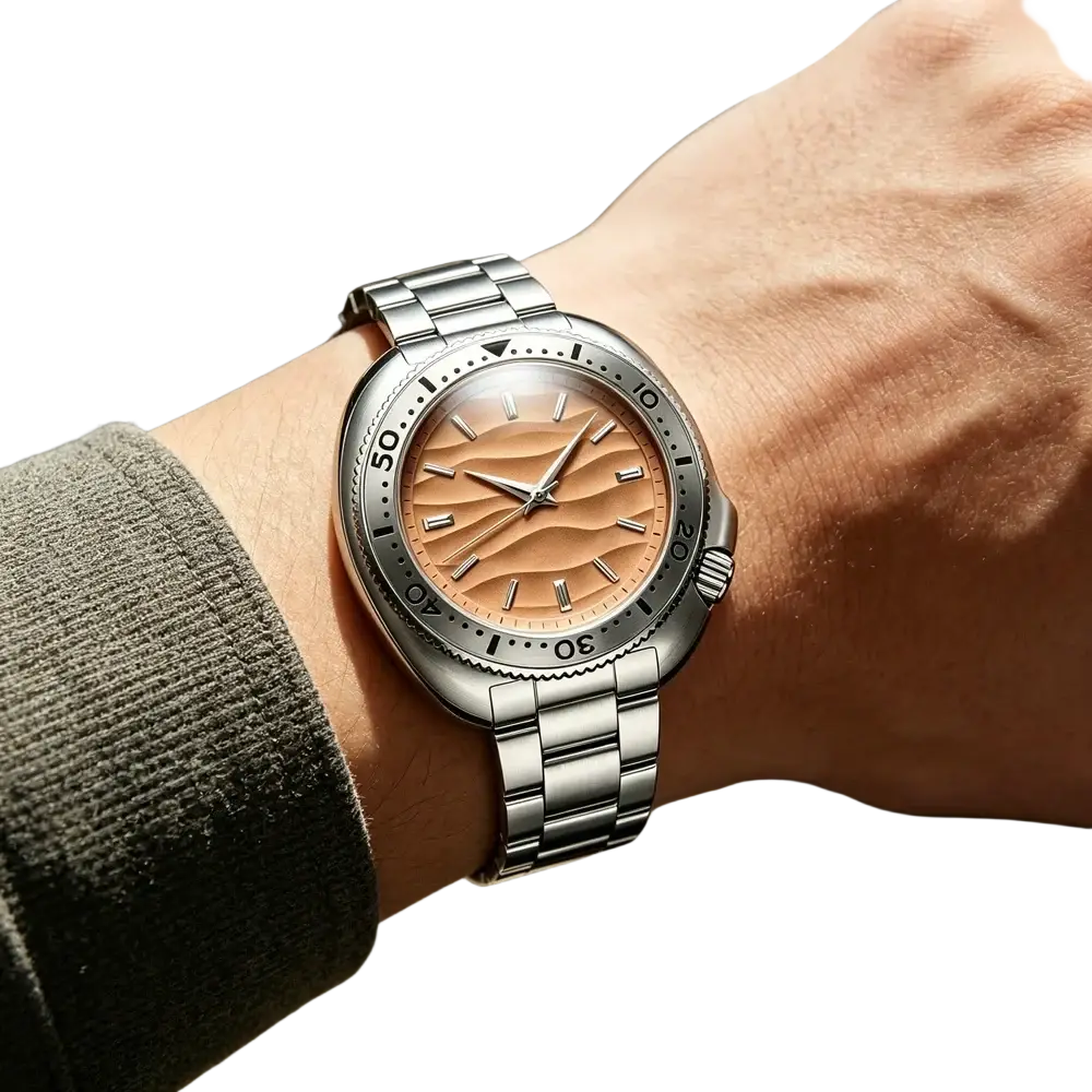 Qingxiya men quartz stainless steel dive watch with sleek silver tone and peach wave textured dial on wrist