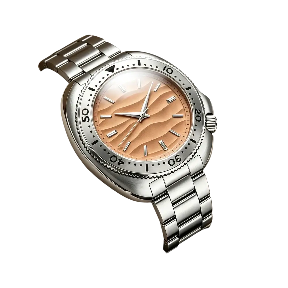 Qingxiya men quartz stainless steel watch with silver-tone case, unidirectional bezel, and peach wavy textured dial