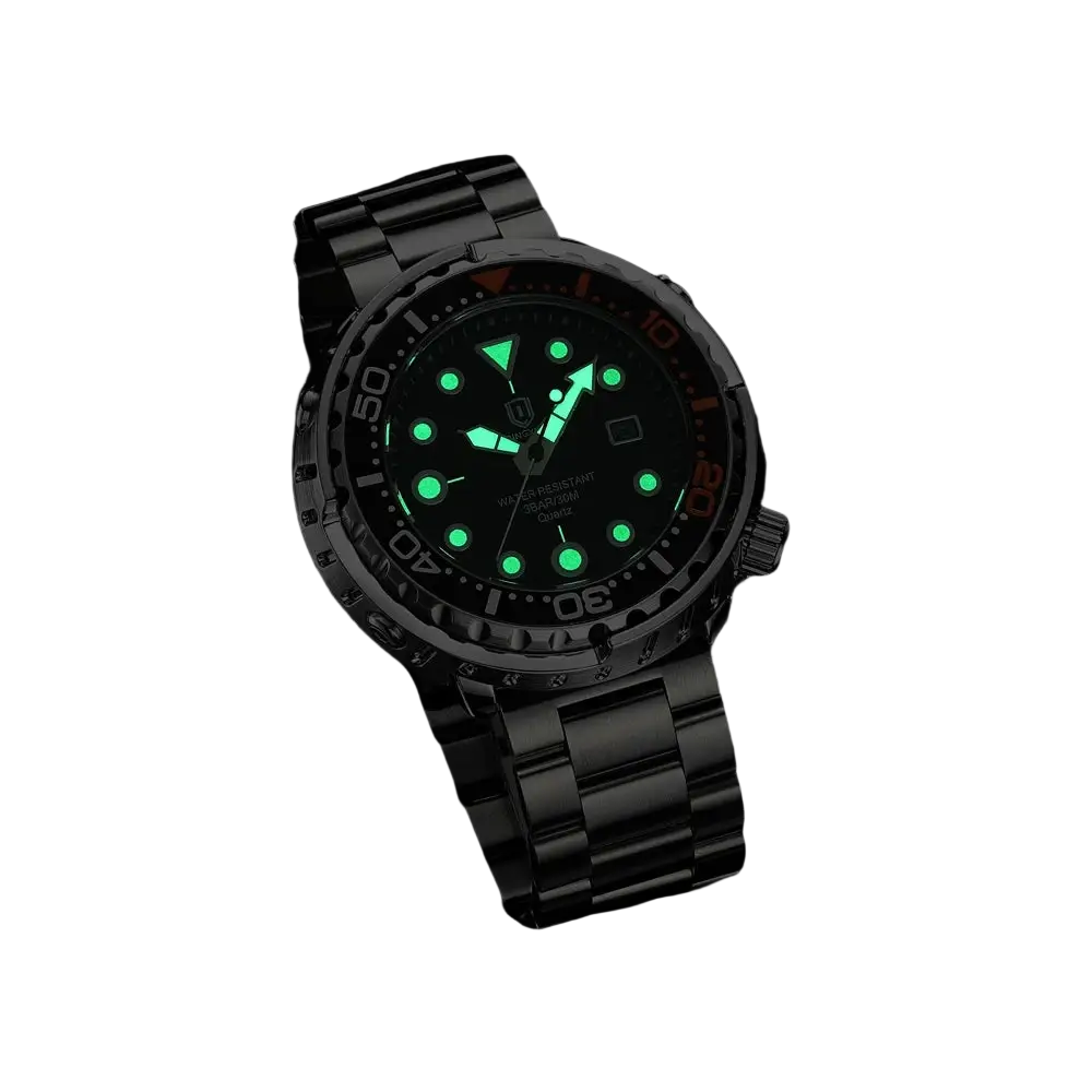 Qingxiya men stainless steel quartz dive watch with black stainless steel case, glowing green dial, and red bezel accents