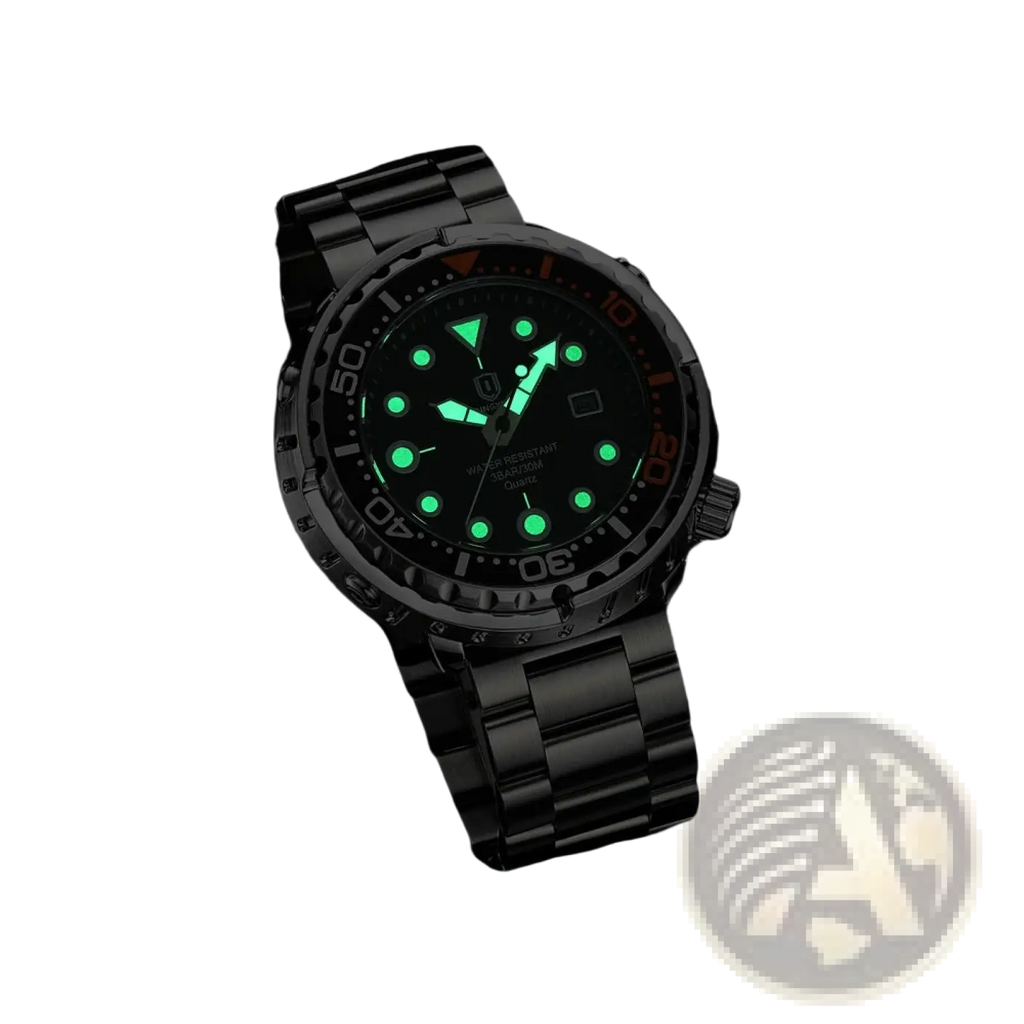 Qingxiya men stainless steel quartz dive watch with black stainless steel case, glowing green dial, and red bezel accents