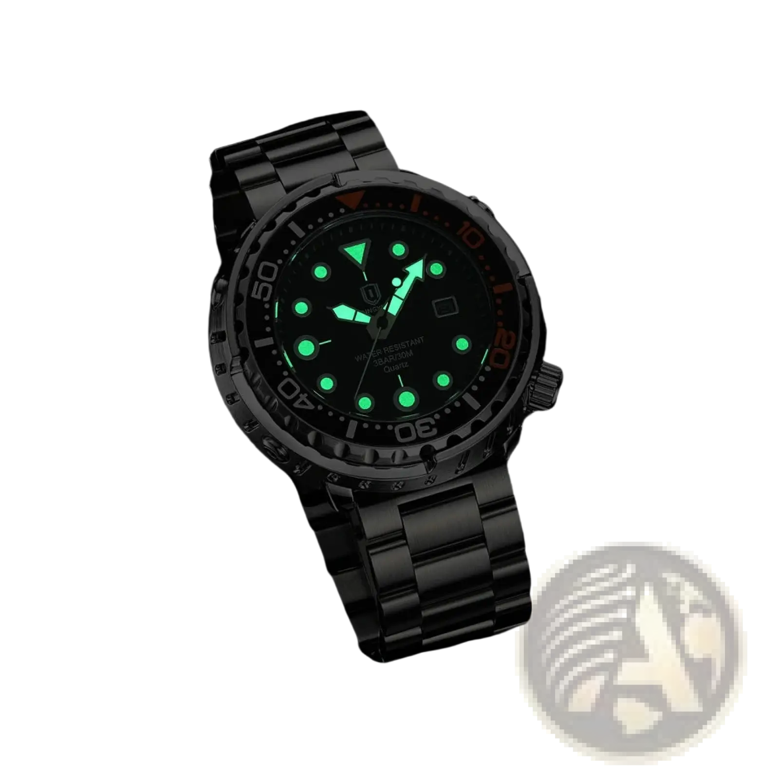 Qingxiya men stainless steel quartz dive watch with black stainless steel case, glowing green dial, and red bezel accents