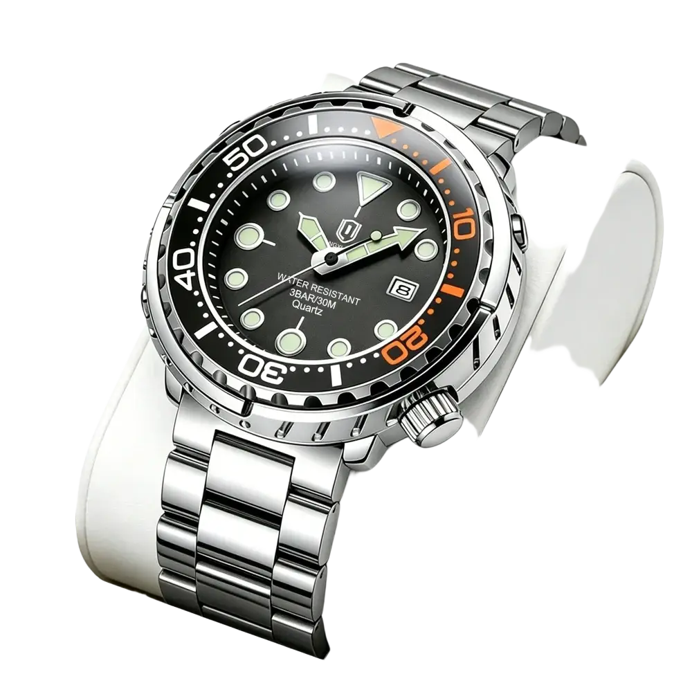 Qingxiya men stainless steel dive watch with silver case black dial luminous markers orange bezel accents and date window