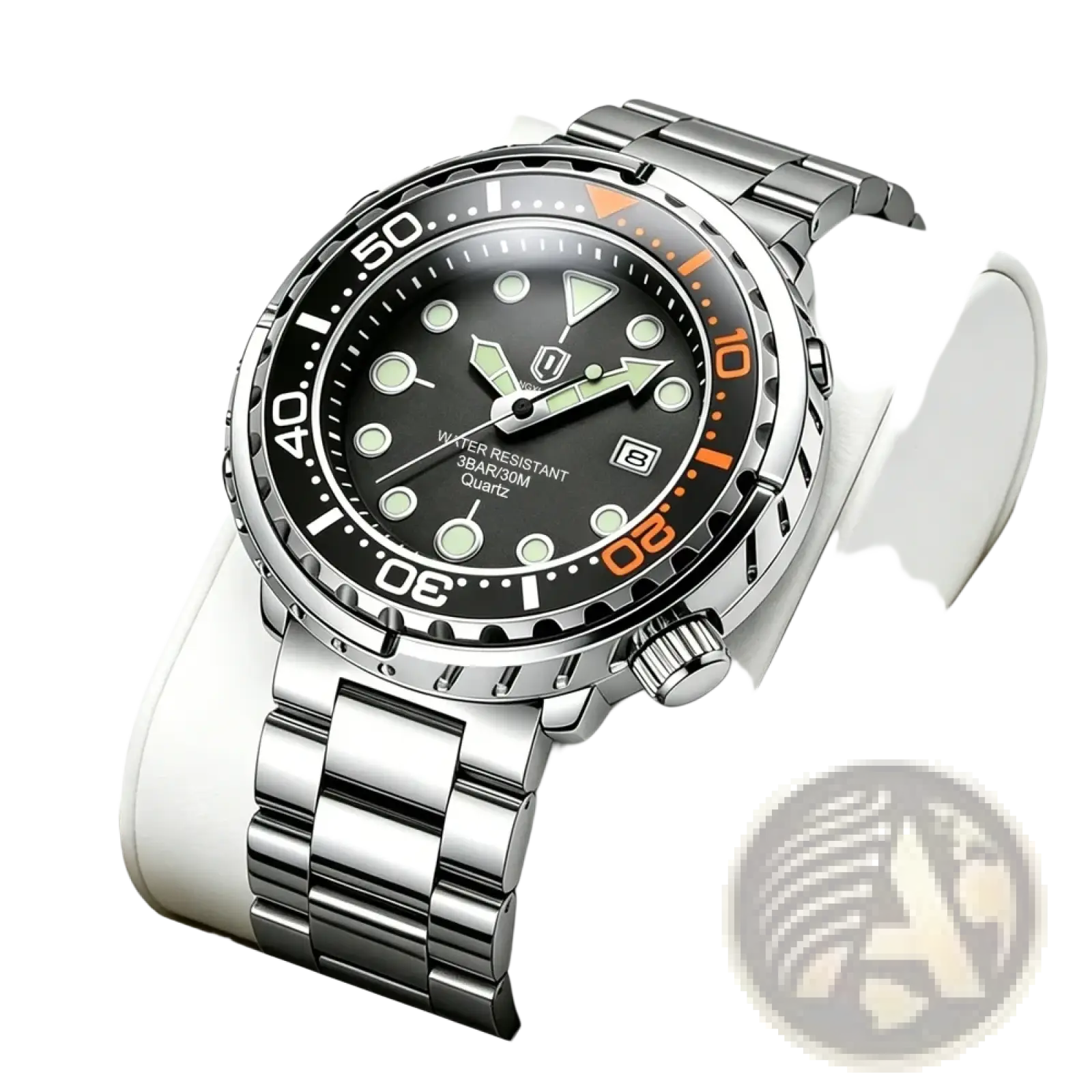 Qingxiya men stainless steel dive watch with silver case black dial luminous markers orange bezel accents and date window