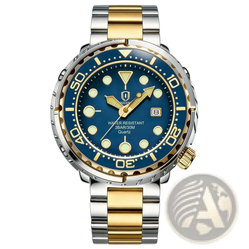 Qingxiya men stainless steel quartz watch with two-tone gold, blue dial, luminous markers, and date window at 3 o’clock