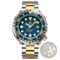 Qingxiya men stainless steel quartz watch with two-tone gold, blue dial, luminous markers, and date window at 3 o’clock