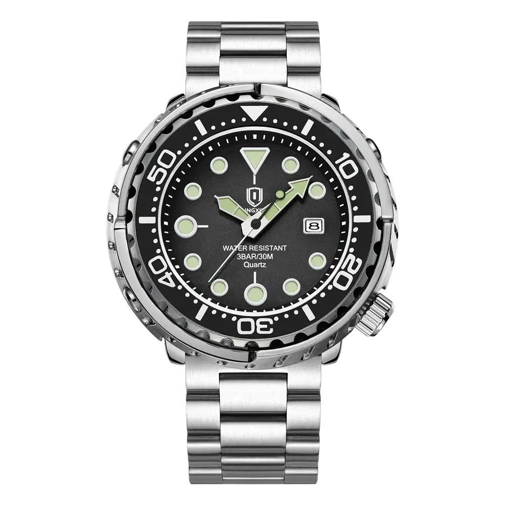 Qingxiya men stainless steel quartz dive watch with silver-tone case black dial luminous markers and textured bezel