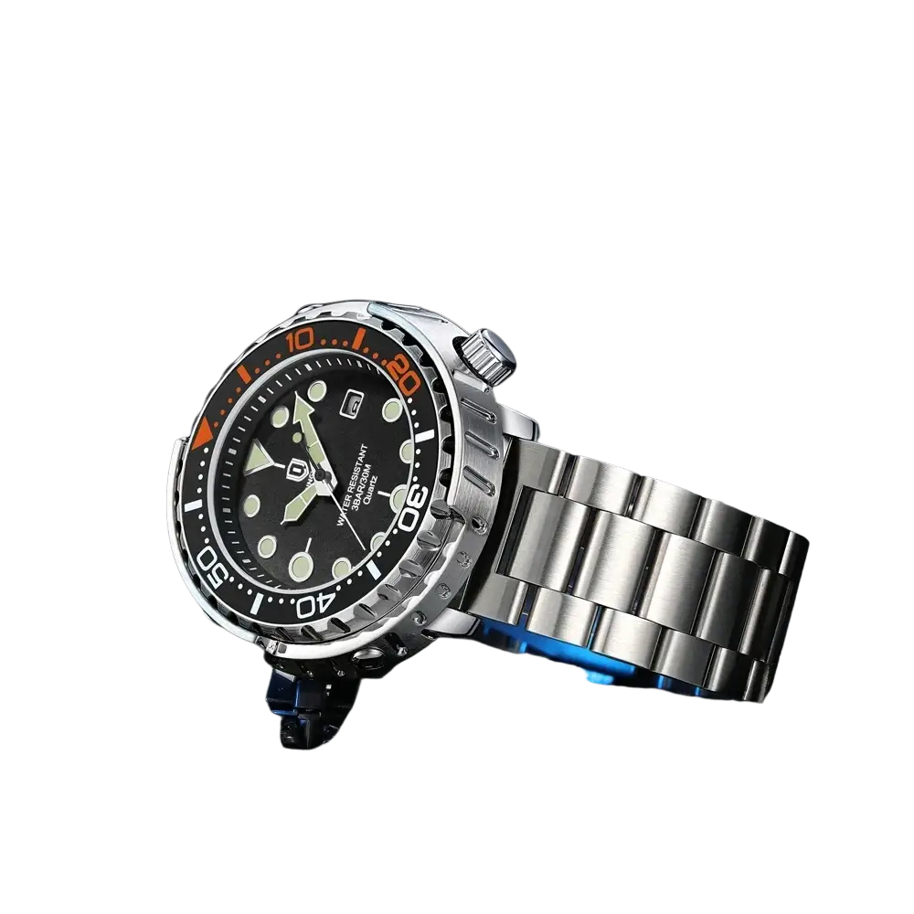 Qingxiya men stainless steel quartz dive watch with silver tone, black dial, luminous markers, orange bezel accent, and link bracelet