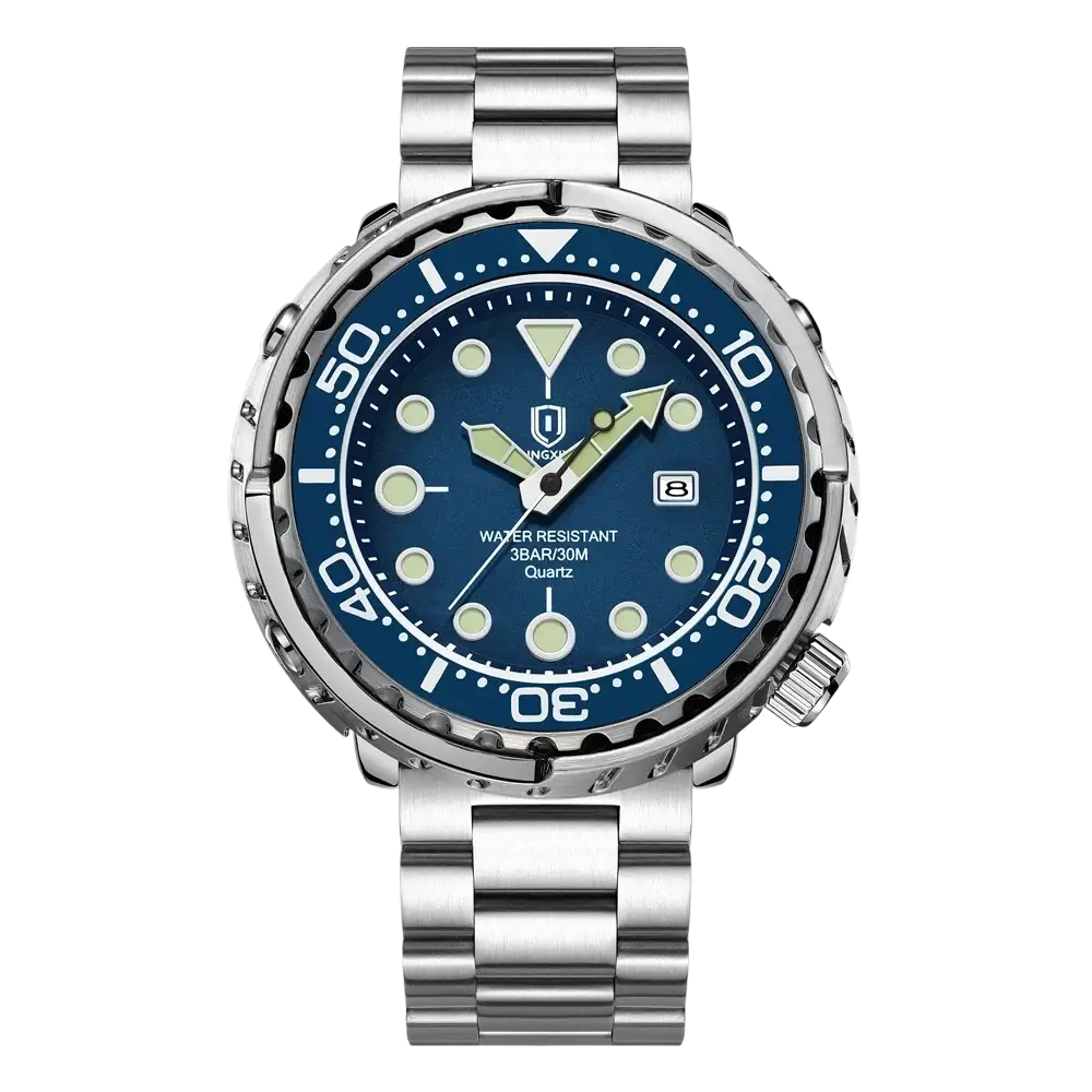 Qingxiya men stainless steel quartz dive watch with silver tone, deep blue dial, luminous markers, and rotating bezel