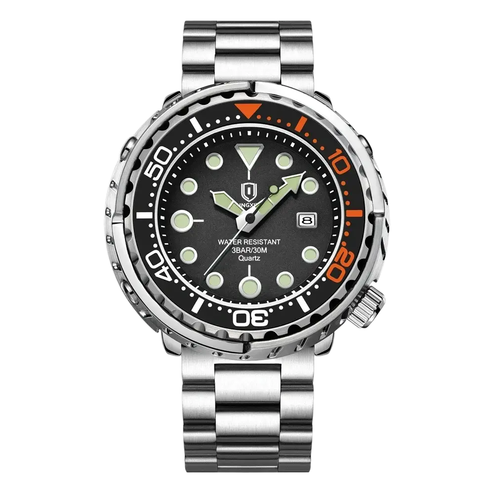 Qingxiya men stainless steel quartz dive watch with silver tone, black dial, orange bezel accents, and luminous markers