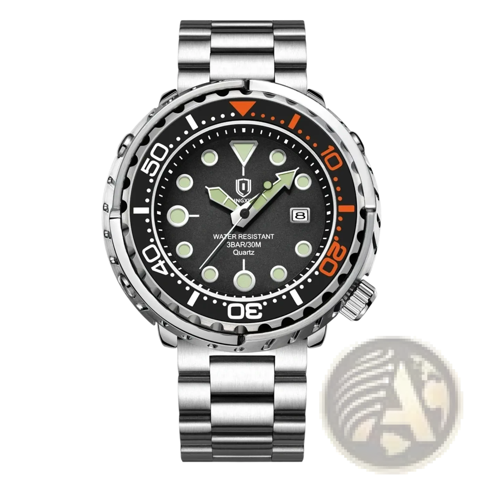 Qingxiya men stainless steel quartz dive watch with silver tone, black dial, orange bezel accents, and luminous markers