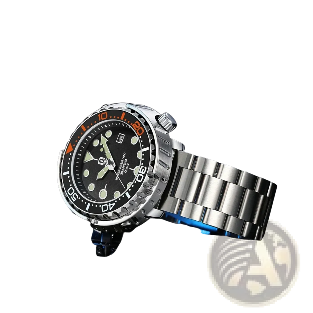 Qingxiya men stainless steel quartz dive watch with silver tone, black dial, luminous markers, orange bezel accent, and link bracelet