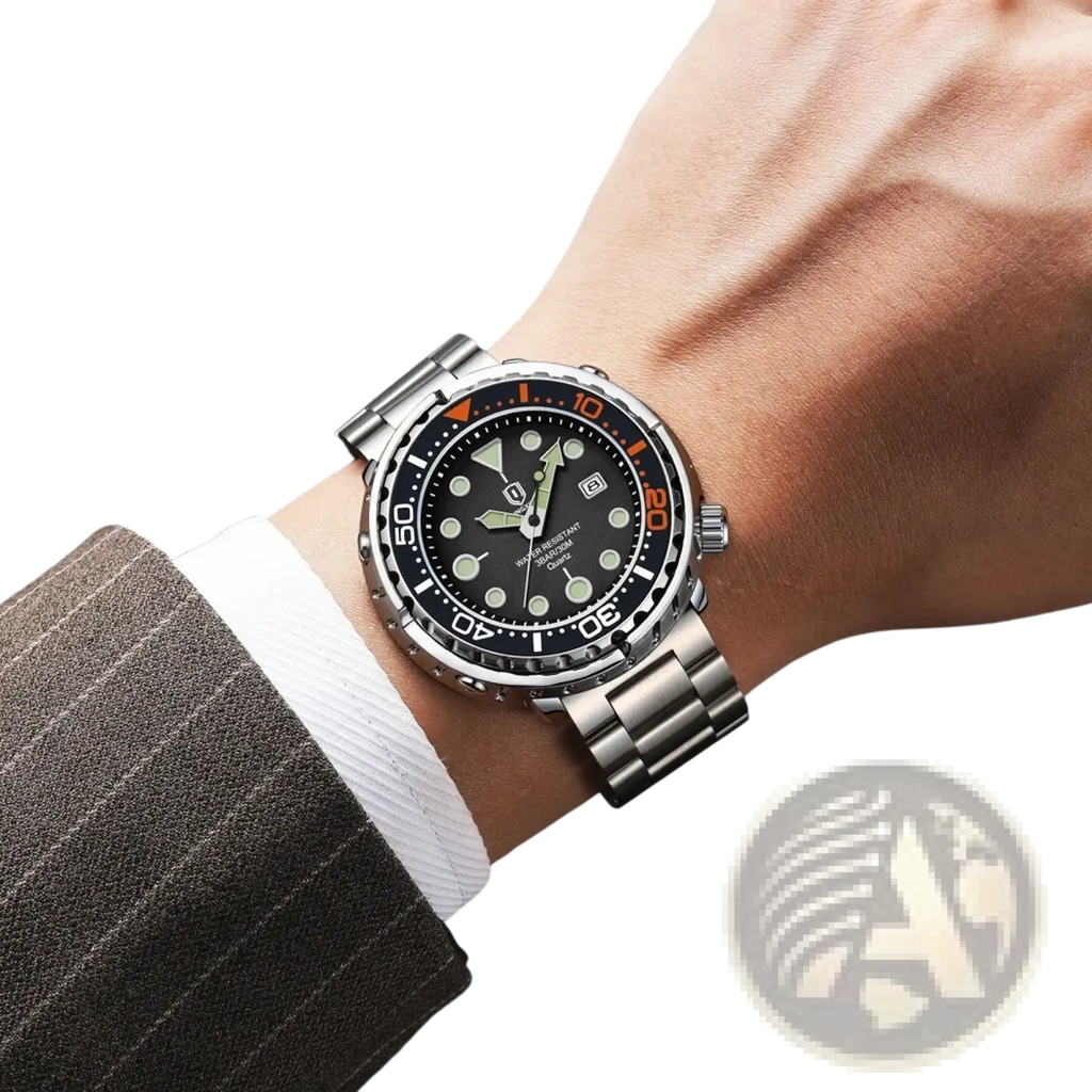 Qingxiya men stainless steel quartz dive watch with silver tone, black dial, luminous markers, and orange bezel accents