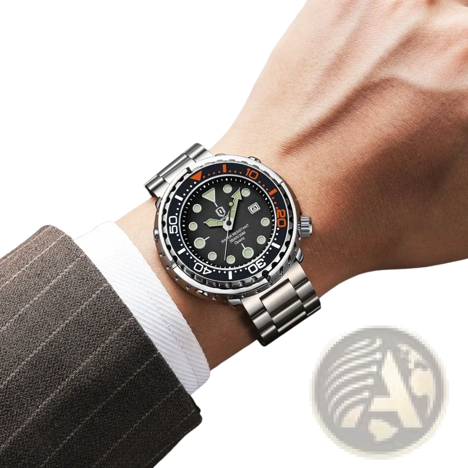 Qingxiya men stainless steel quartz dive watch with silver tone, black dial, luminous markers, and orange bezel accents