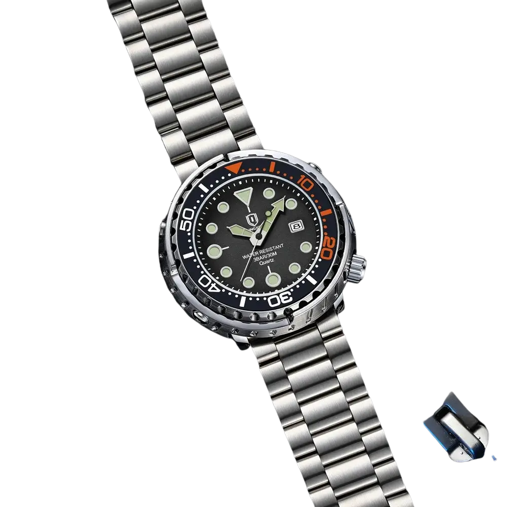 Qingxiya men stainless steel quartz dive watch with silver case black dial luminous markers and orange accents