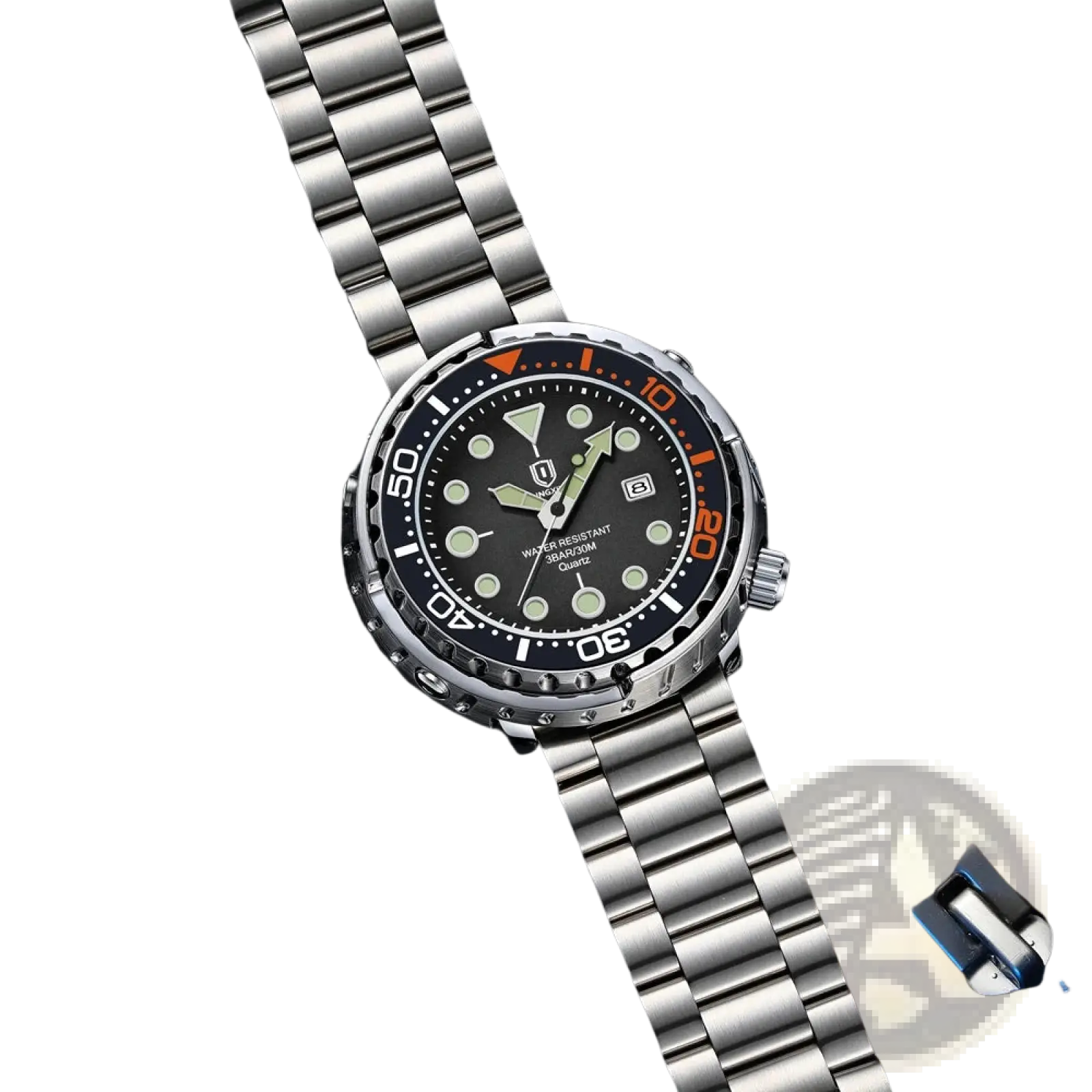 Qingxiya men stainless steel quartz dive watch with silver case black dial luminous markers and orange accents
