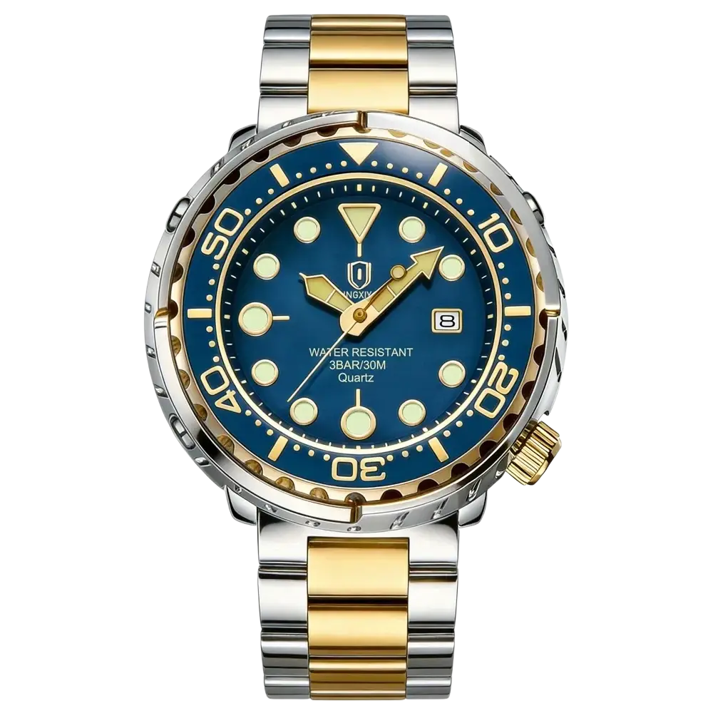 Qingxiya men stainless steel quartz watch with two-tone gold, blue dial, luminous markers, and date window at 3 o’clock
