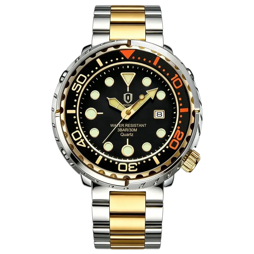 Qingxiya men stainless steel quartz dive watch with two-tone gold accents black dial orange bezel numerals and date window