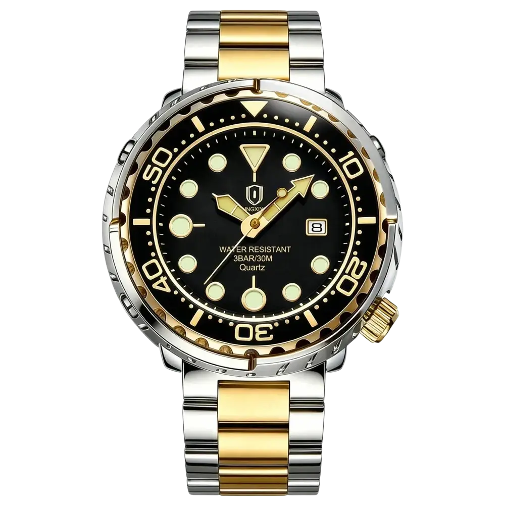 Qingxiya men stainless steel quartz watch with two-tone gold and black dial luminous markers and date window at 3 o’clock