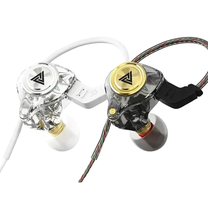 Clear and gold-colored qkz ak3 file wired in-ear monitor headphones with transparent housings and triangular logo