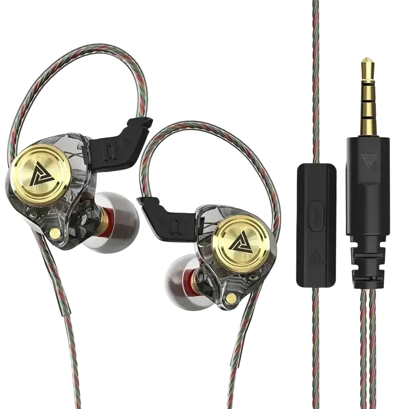 Clear transparent qkz ak3 file wired in-ear monitor headphones with gold accents and braided cable for audio monitoring