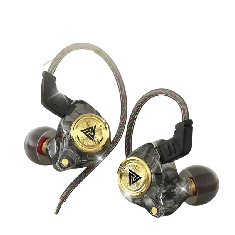 Clear transparent in-ear wired headphones with gold accents and black ear hooks qkz ak3 file model