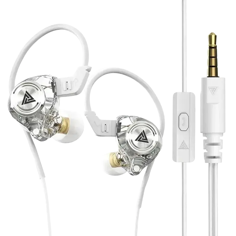 Clear transparent qkz ak3 file wired in-ear monitor headphones with white ear hooks and gold accent drivers