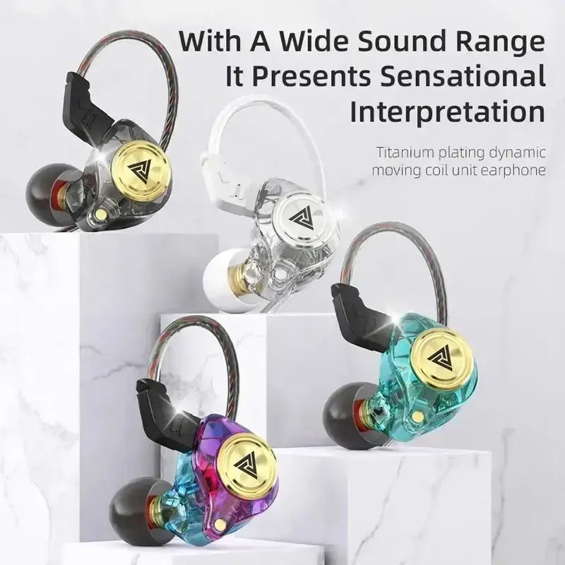 Colorful transparent qkz ak3 file wired in-ear monitor headphones with gold-accented titanium-plated dynamic coil units