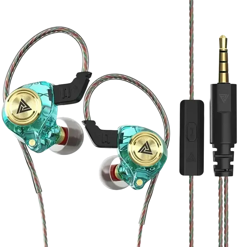 Transparent teal qkz ak3 file wired in-ear monitor headphones with gold accents and braided cable for clear audio