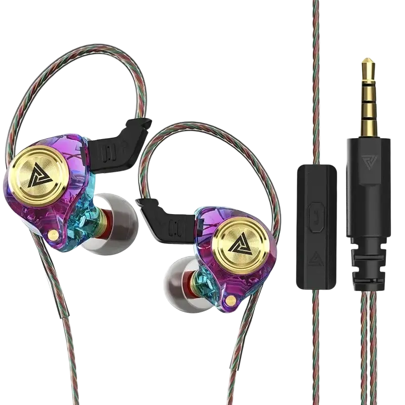 Vibrant iridescent purple and teal qkz ak3 file wired in-ear monitor headphones with gold branding and braided cable