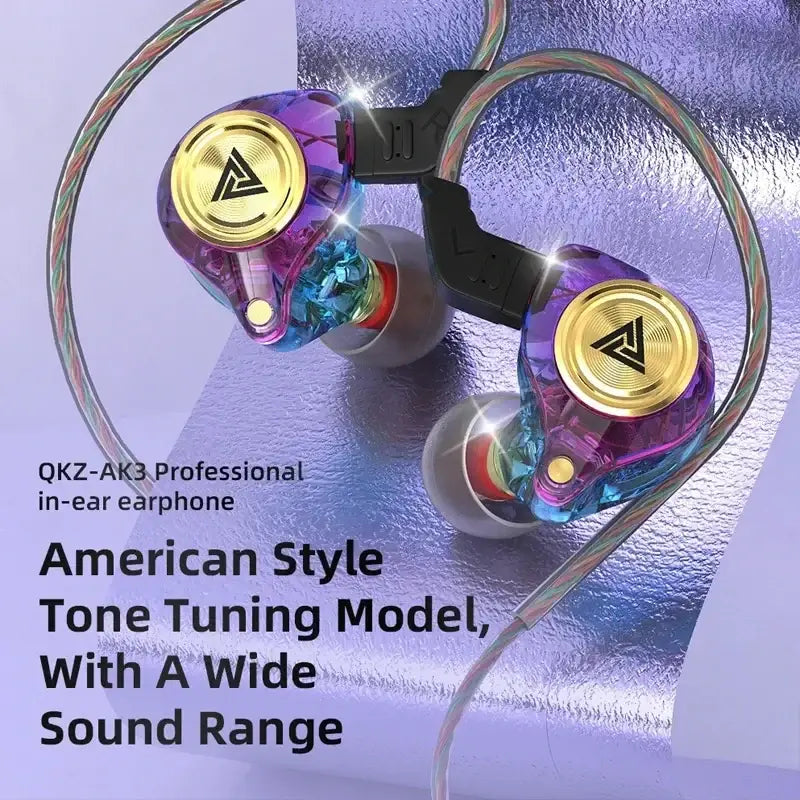 Vibrant multicolored translucent qkz ak3 file wired in-ear monitor headphones with gold-plated accents and braided cable