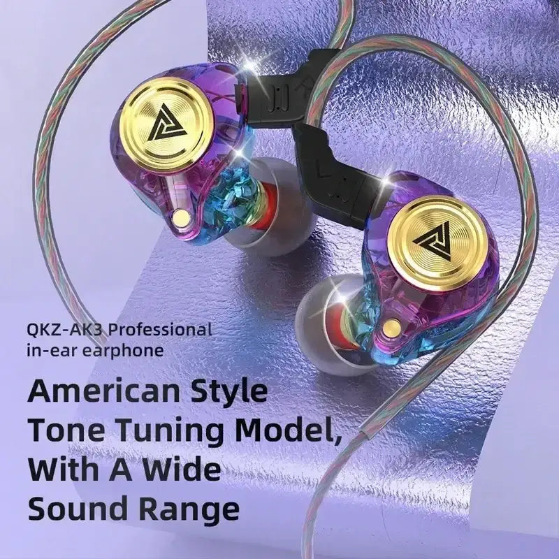 Vibrant purple and blue translucent qkz ak3 file in-ear monitor headphones with gold-plated accents and rainbow cable