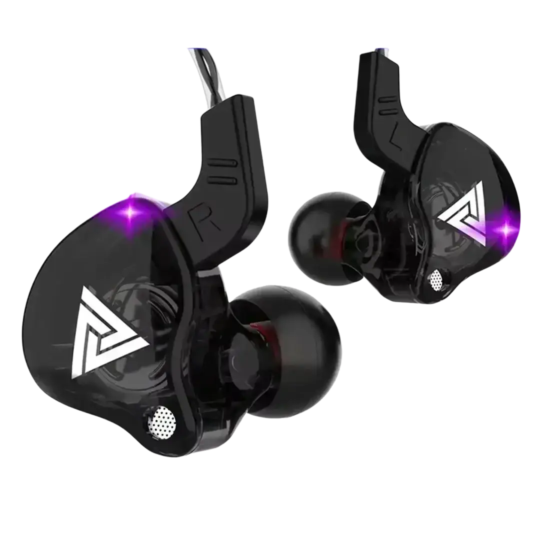 Qkz ak6 in-ear headphones with mic feature black glossy finish, white triangular logos, and purple led lights on the shell