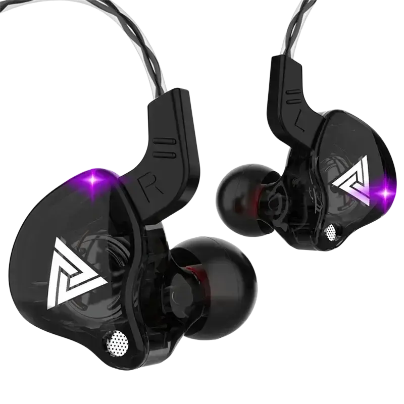 Black glossy qkz ak6 in-ear headphones with mic featuring white triangular logos and purple led lights on earpieces