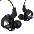 Black glossy qkz ak6 in-ear headphones with mic featuring white triangular logos and purple led lights on earpieces
