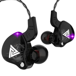 Black glossy qkz ak6 in-ear headphones with mic featuring white triangular logos and purple led lights on earpieces