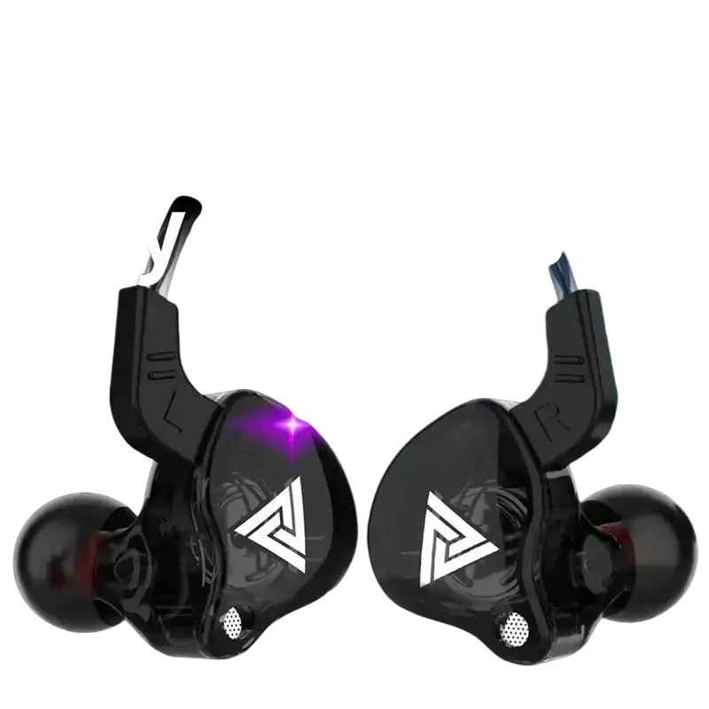 Black qkz ak6 in-ear headphones with glossy finish white triangular logos and purple led accents on left earpiece
