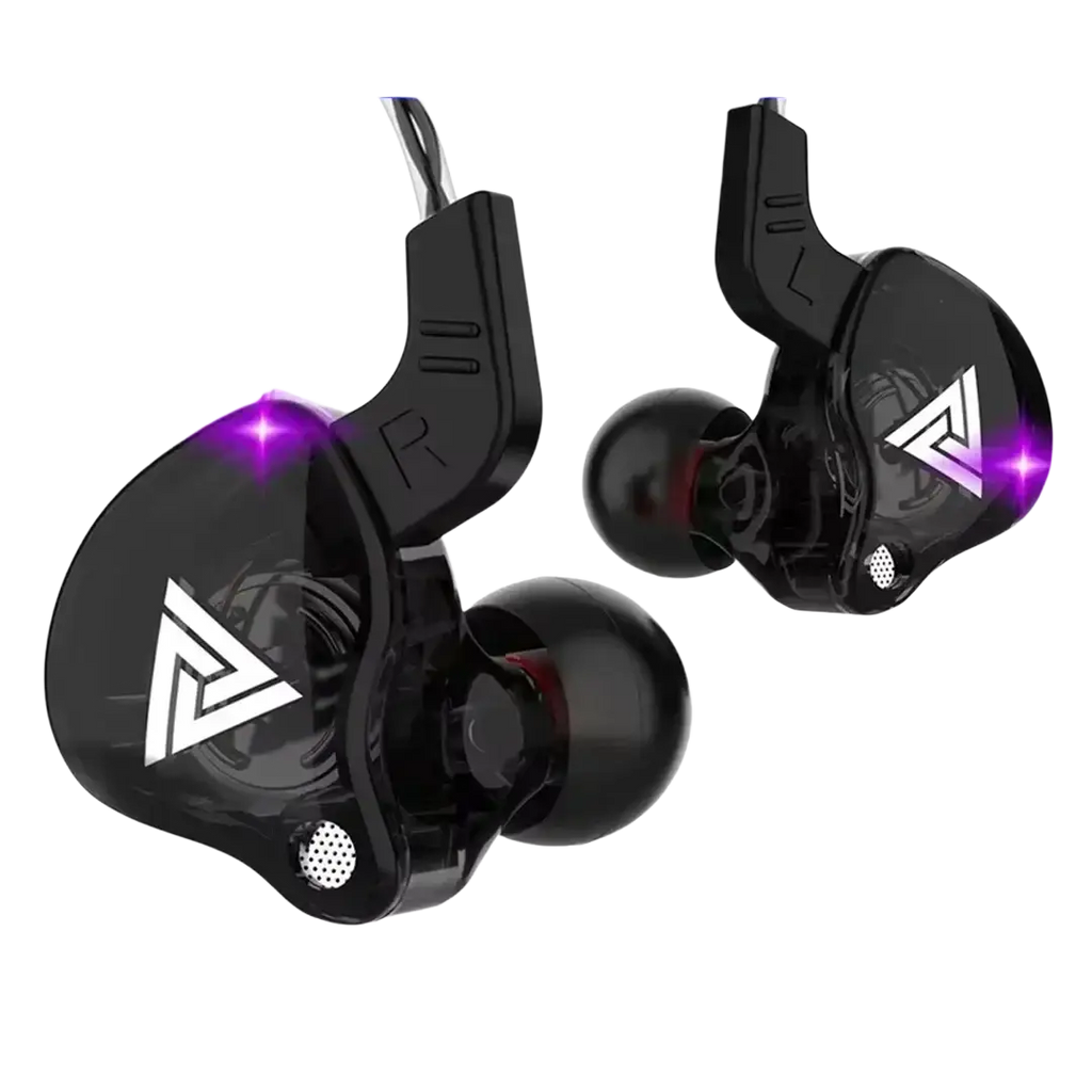 Black qkz ak6 in-ear headphones with mic featuring a glossy finish and white triangular logo for clear audio use