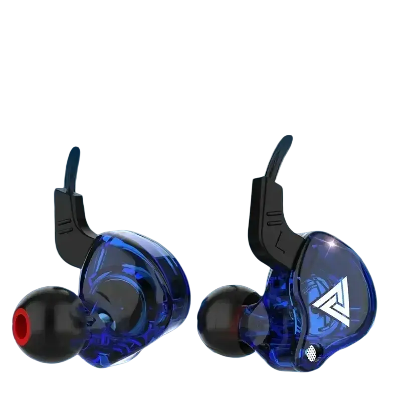Blue transparent qkz ak6 in-ear headphones with black ear tips and white logo featuring built-in microphone