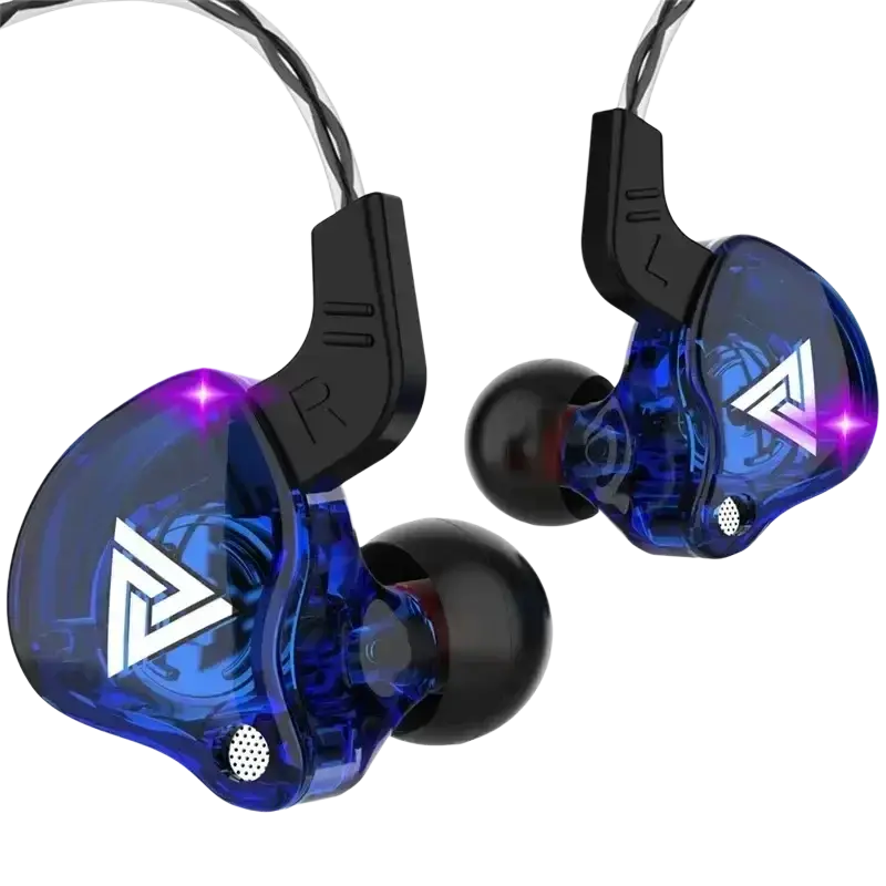 Blue transparent qkz ak6 in-ear headphones with black ear hooks and white triangular logos with mic