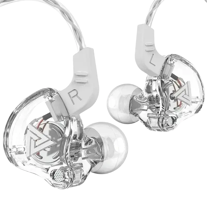 Clear transparent qkz ak6 in-ear headphones with white plastic ear hooks and silver metallic components with mic