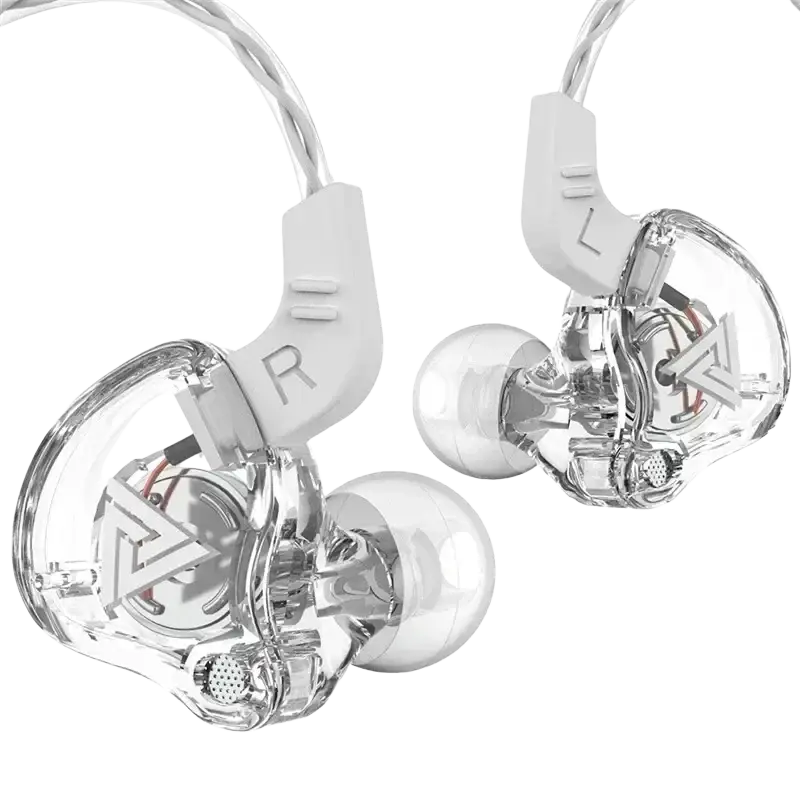 Clear transparent qkz ak6 in-ear headphones with silver internal components and white ear hooks marked r and l