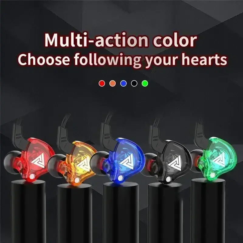 Colorful translucent qkz ak6 in-ear headphones with glowing led light and triangular logo on the earpiece with mic